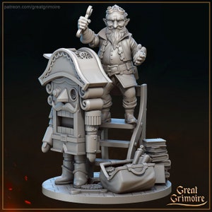 May include: A gray, detailed miniature of a gnome-like figure with a beard and goggles, standing on a ladder and working on a large, intricate clockwork automaton. The automaton is shaped like a person with a large hat and a clock face on its chest. The gnome is holding a wrench in one hand and a small gear in the other. The base of the miniature is a circular platform with a cobblestone design.