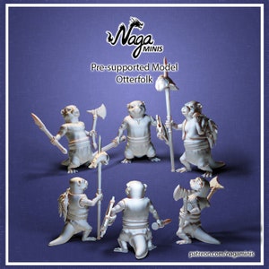 May include: A set of six 3D printed miniature figurines of otterfolk warriors. The figures are painted in a light gray color and are holding various weapons, including swords, axes, and spears. The figures are posed in a variety of fighting stances. The figures are pre-supported and ready to be printed.