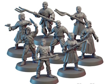 8pc Angry Villager Ruffians DnD Dungeons and Dragons 28mm/32mm DnD Mob Townsfolk Human Fighters TTRPG Fantasy Wargame Miniatures Pathfinder