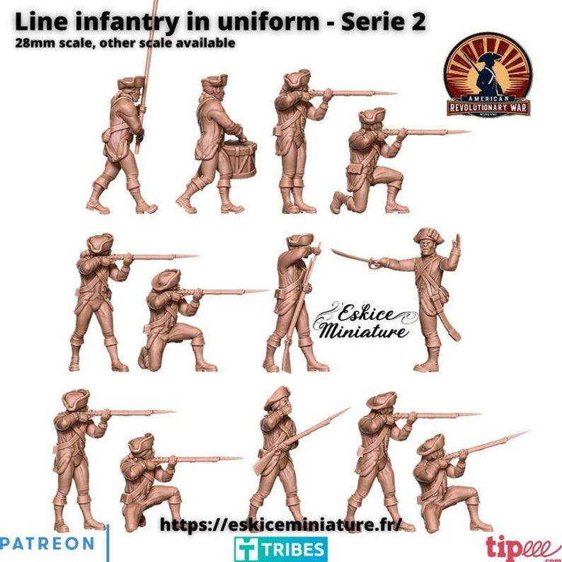 May include: A collection of miniature figurines depicting line infantry soldiers in various poses. The figures are in uniform and armed with rifles and swords. The text "Line infantry in uniform - Serie 2" is at the top, with "28mm scale, other scale available" below it.