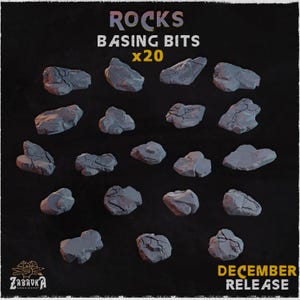 Puede incluir: Un conjunto de 20 rocas grises en miniatura para modelismo. La imagen incluye el texto "ROCKS BASING BITS x20" y "DECEMBER RELEASE" sobre un fondo oscuro. El logotipo de Zabuka está en la esquina inferior izquierda.