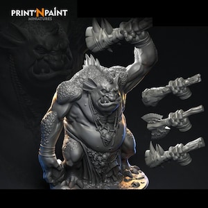 May include: A gray miniature figure of a muscular troll holding a large hammer, with three additional weapon options. The troll has a detailed face, armor, and jewelry. The Print 'N Paint logo is in the upper left corner.