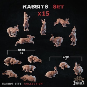 Peut inclure: Un ensemble de 15 figurines de lapins miniatures dans diverses poses, dont debout, courant et couché. Le texte "Rabbits Set x15" est affiché en haut. L'ensemble comprend des figurines "Dead x5" et "Baby x3". La "Basing Bits Collection" est également affichée.