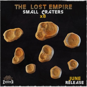May include: Eight small, tan-colored craters with textured surfaces are arranged on a black background. The text "THE LOST EMPIRE SMALL CRATERS x8" is at the top, with "JUNE RELEASE" at the bottom. The Zabavka logo is in the lower left corner.