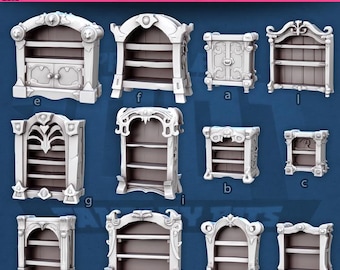 Pode incluir: Uma coleção de mini-armários brancos com vários designs, incluindo prateleiras, portas e elementos decorativos. A palavra "CABINETS" é exibida em letras grandes e em negrito na parte superior da imagem.