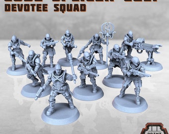 Code Splicer Cult: Devotee Squad, 28mm / 32mm, Wasteland, Apocalypse, Cyberpunk, DnD, 3D Printed, Resin, Sci-fi Soldiers, Print Minis