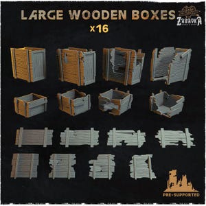 May include: A set of 16 pre-supported 3D printed wooden boxes in various states of disrepair. The boxes are in different sizes and shapes, some are complete, some are broken, and some are just pieces of wood. The boxes are all made of a light brown wood and have a rustic look. The set is labeled "Large Wooden Boxes x16" and "Pre-Supported".
