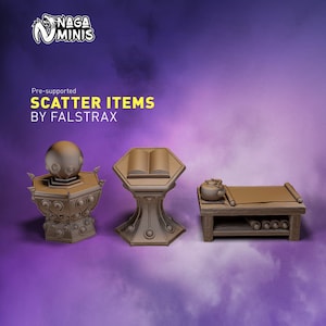 May include: Three pre-supported 3D printed tabletop game pieces: a pedestal with a sphere on top, a pedestal with an open book on top, and a table with a scroll and a teapot on top.  The pieces are printed in a brown plastic and are designed for use in tabletop role-playing games.