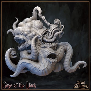 May include: A grey 3D printed miniature of a monstrous creature with multiple eyes and mouths, holding a human figure in its tentacles. The creature is labelled "Gaze of the Dark" and "Great Grimoire".