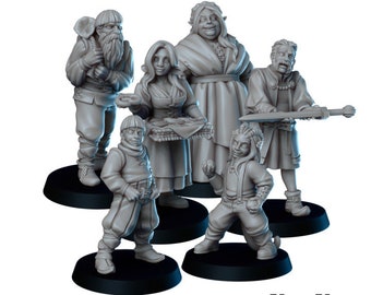 May include: Set of six grey painted miniature figurines depicting fantasy characters. The figures are standing on black circular bases. The figures include a dwarf, a woman with long hair, a man with a sword, a woman holding a tray, a boy with a hat, and a boy with pointed ears.