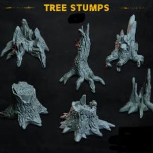 May include: Six grey tree stump miniatures for tabletop gaming or model building. The stumps are various shapes and sizes, with some having rough bark textures.