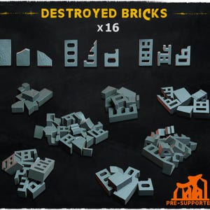 May include: A set of 16 destroyed brick pieces for miniature gaming or model building. The bricks are gray and have a rough, broken texture. The image shows the bricks in various configurations, including a pile of bricks, a wall of bricks, and a single brick.