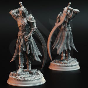 May include: A detailed 3D printed miniature of a warrior figure in a pose holding a curved sword. The figure is wearing armor and a long flowing cloak. The miniature is standing on a circular base.