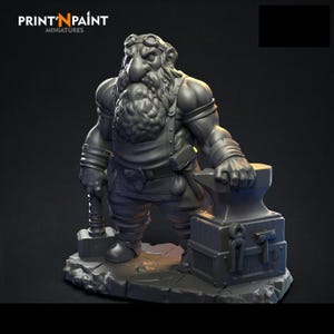 May include: A detailed miniature of a dwarf blacksmith, holding a hammer and standing next to an anvil. The figure is gray and has a long beard, goggles, and work clothes. The base of the miniature is a stone-like texture. The text "PRINT'N PAINT MINIATURES" is visible.