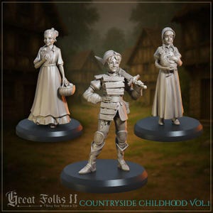 3pc Countryside Children Miniatures for Dungeons and Dragons 28mm/32mm TTRPG Townsfolk NPCs Miniature Villager Farmers- GG