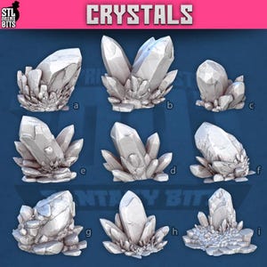 May include: A collection of nine white crystal formations, each with a unique shape and arrangement. The crystals vary in size and are clustered together, with the word "CRYSTALS" displayed at the top of the image.