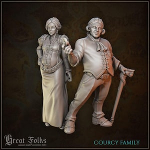 2pc Courcy Family DnD Dungeons and Dragons 28mm/32mm TTRPG Wargame Miniature Townsfolk NPCs Miniature Villagers 12K Detailed Figurines