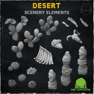 Desert Scenery Elements (Wargame Bases & Toppers) 28mm/32mmTTRPG Basing Materials Desert Wargaming Scatter Skull Bones Cacti MiniaturesZbW