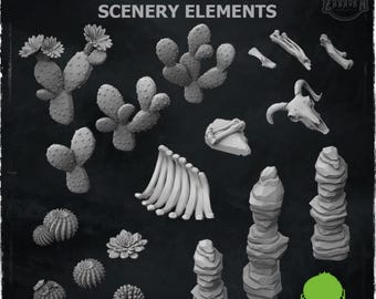 18pc desert scenery (Wargame Bases & Toppers) 28mm/32mmTTRPG Basing Materials Desert Wargaming Scatter Skull Bones Cacti MiniaturesZbW