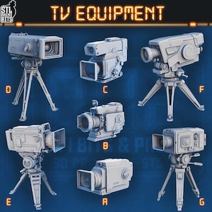 May include: A collection of seven light gray 3D printed miniature television cameras labeled A through G, with some mounted on tripods. The image features the text TV EQUIPMENT at the top and STL MINI BITS in the corner, showcasing various camera designs.