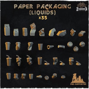 May include: A set of 35 pre-supported 3D printed paper packaging models for liquids. The models include various shapes and sizes of cartons, cups, and lids. The models are designed for tabletop role-playing games and miniatures.