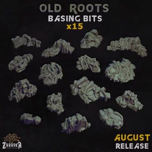Peut inclure: Un ensemble de 15 pièces de soclage miniatures grises étiquetées Old Roots Basing Bits x15. La collection présente diverses formations de roches et de racines aux surfaces texturées pour le jeu de figurines. Le texte August Release est visible.