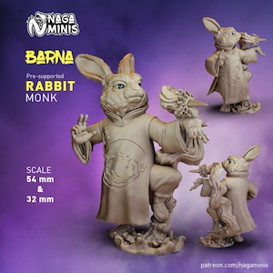 Rabbit Folk Monk, DnD Rabbit Miniature, Dungeons and Dragons, Harengon Miniature, TTRPG D&D Monk miniature, Animal folk Miniature Scatter