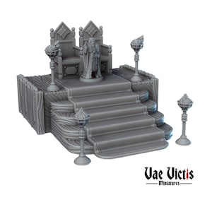 May include: A gray 3D printed miniature throne with a figure sitting on it. The throne has a wooden design with a carved back and armrests. The figure is wearing a robe and holding a staff. The throne is surrounded by four torches on stands.