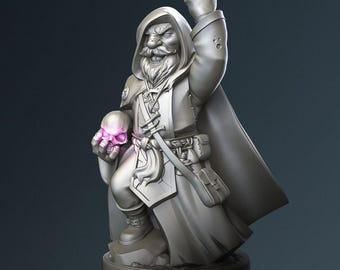 Gnomo Brujo Grimbrann – Miniatura de Lanzador de Hechizos de Fantasía – Escala 28 mm, 32 mm y 35 mm – Figura de RPG de mesa para DnD y Pathfinder – PLA Gris – PnP