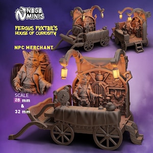Magic Shop with Fox Folk Merchant DnD Dungeons and Dragons 28mm/32mm Pathfinder TTRPG Wargame Miniatures Fergus Foxtail&#39;s House of Curiosity