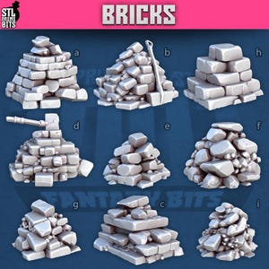 May include: A collection of miniature brick and stone piles, perfect for tabletop gaming or model building. The image features various arrangements of gray bricks and stones, including a pile with a shovel and a pile with a hammer. The word "BRICKS" is displayed at the top.