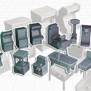 May include: A collection of miniature arcade game models, including a pinball machine, air hockey table, racing game, and a variety of classic arcade cabinets. The models are all gray and have a realistic design.