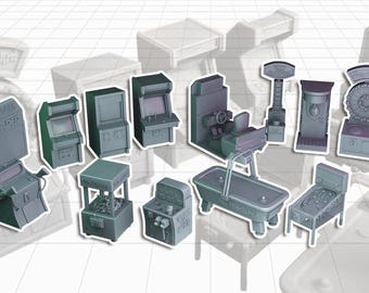 Op de afbeelding: Een verzameling miniatuurmodellen van arcade-spellen, waaronder een flipperkast, een airhockeytafel, een racespel en een aantal klassieke arcadekasten. De modellen zijn allemaal grijs en hebben een realistisch ontwerp.