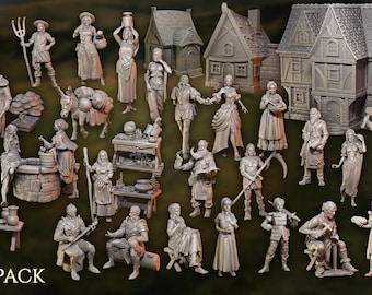 The Ultimate Diorama Pack of Miniature Villagers Townsfolk NPCs and Buildings 28mm/32mm TTRPG Townsfolk Miniatures Medieval Figurines - GG