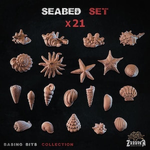 May include: A collection of 21 seabed-themed decorative pieces, including starfish, shells, and coral, in various shapes and sizes. The pieces are a light brown color and are arranged on a dark background. The text "SEABED SET x21" is at the top.