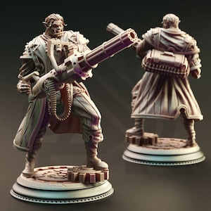 May include: A detailed figurine of a character holding a large machine gun. The figure is wearing a long coat and pants, standing on a circular base with gear-like details. A second figure is visible in the background.