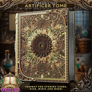 May include: An Artificer Tome storage and tray with a detailed, ornate cover in gold and green. The cover features a central gear design and intricate mechanical patterns. The book is designed for storing cards, dice, and minis.