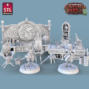 May include: Two miniature figures of people wearing clothing and holding scrolls. The figures are standing on wooden bases. The figures are in front of a desk with a globe, a chair, and other items. The desk is made of wood and has a light brown color. The figures are painted in a light gray color. The background is a light blue color. The text on the image reads '3D Printable Fantasy NPCs 2'.