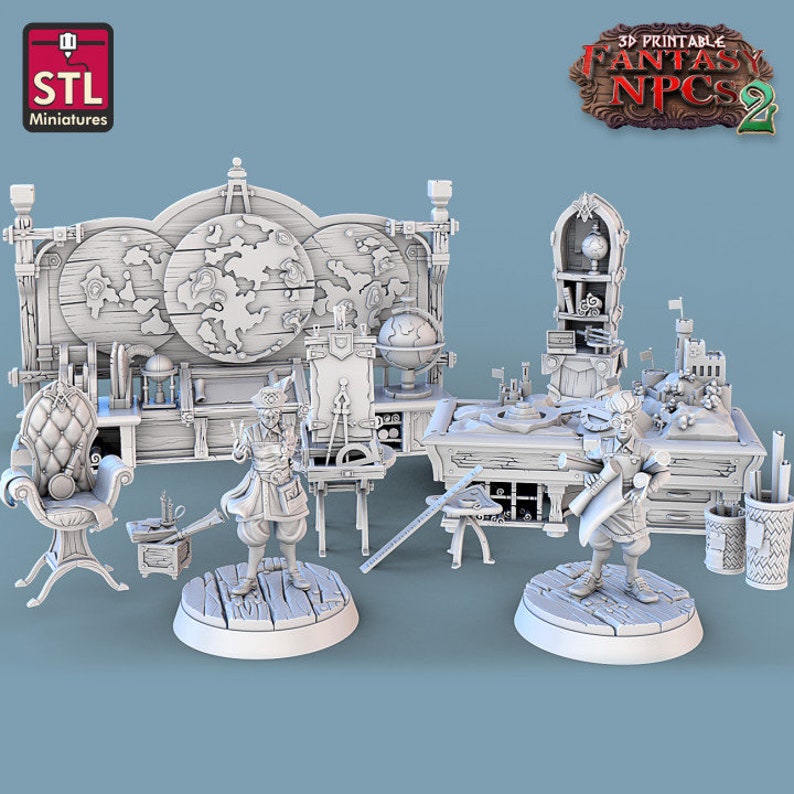 May include: Two miniature figures of people wearing clothing and holding scrolls. The figures are standing on wooden bases. The figures are in front of a desk with a globe, a chair, and other items. The desk is made of wood and has a light brown color. The figures are painted in a light gray color. The background is a light blue color. The text on the image reads '3D Printable Fantasy NPCs 2'.