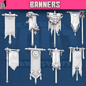 May include: Eight white fantasy banners with diverse designs are shown. The banners feature floral, skull, and geometric patterns. The word "BANNERS" is displayed in pink text at the top of the image.