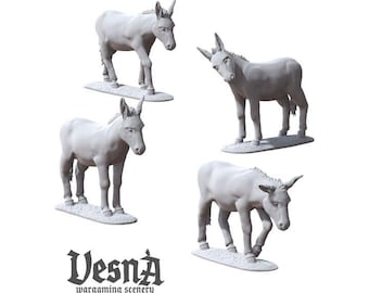 4pc Donkey Farm Animal Miniatures DnD Dungeons and Dragons DnD Scatter Terrain 28mm/32mm Farm Animal Figurines for Dioramas and TTRPGs - VS