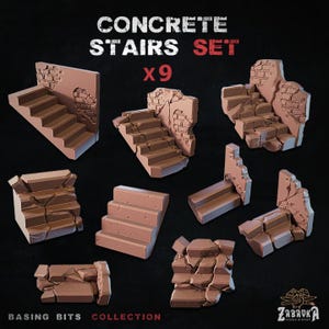 May include: A set of nine concrete stairs, each with a different level of damage and detail. The stairs are made of a light brown material and have a rough, textured surface. The set is labeled "Concrete Stairs Set x9" and is part of the "Basing Bits Collection".