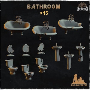 May include: A collection of miniature bathroom fixtures, including bathtubs, sinks, toilets, and mirrors. The text "BATHROOM x15" is displayed at the top. The items are gray and appear to be 3D-printed models.