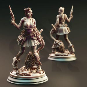 Puede incluir: Figura detallada de una mujer con atuendo steampunk, sosteniendo un arma. Lleva gafas, una falda y un cinturón de herramientas. Una segunda figura es visible en el fondo. La base presenta detalles mecánicos.