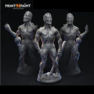 May include: Three gray miniature zombie figures. Each figure is sculpted with exposed rib cages, stitched skin, and detailed facial features. One figure holds a baseball bat, while the others hold a staff with a sphere on top. The figures stand on detailed bases.