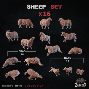 Puede incluir: Un conjunto de 16 figuras de ovejas en miniatura en varias poses, incluyendo de pie, pastando y tumbadas. El conjunto incluye corderos y ovejas muertas. El texto "SHEEP SET x16" está en la parte superior y "BASING BITS COLLECTION" en la inferior.