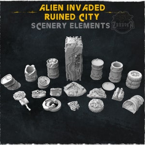 May include: A set of 18 grey 3D printed miniature scenery elements for a ruined city, including barrels, pipes, and rubble. The set is titled "Alien Invaded Ruined City Scenery Elements".