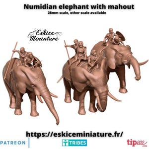 May include: Three brown miniature Numidian elephants with mahouts. Each elephant carries multiple figures. The text on the image reads "Numidian elephant with mahout" and "28mm scale, other scale available."