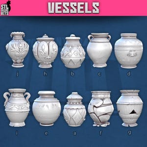 May include: A collection of white decorative vessels with various designs, including floral patterns, geometric shapes, and handles. The word "VESSELS" is displayed in large, red letters at the top of the image. The vessels are labeled with lowercase letters.