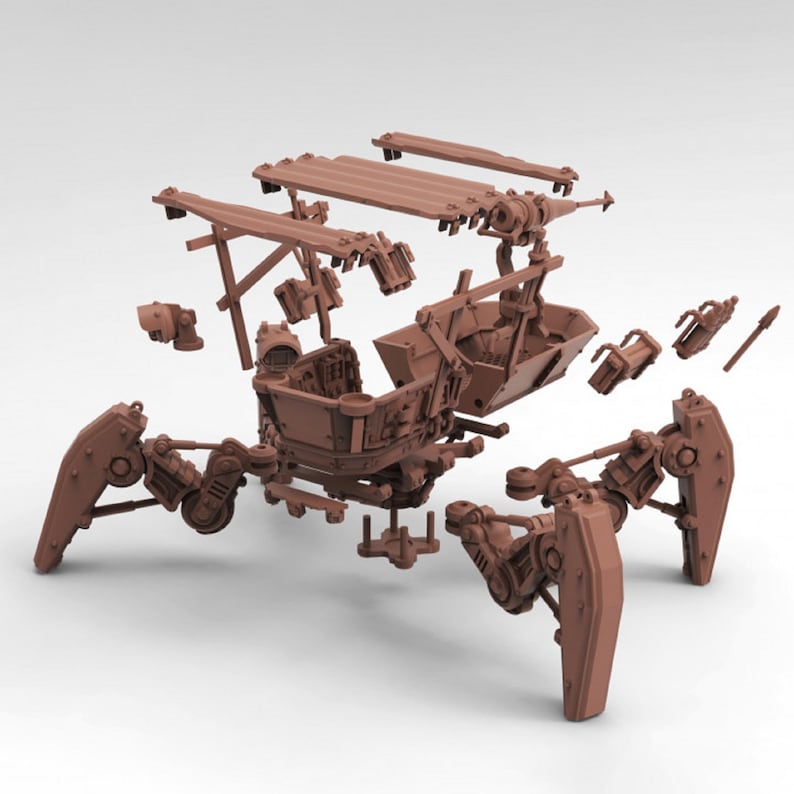 May include: A disassembled model of a steampunk-style walking machine with multiple articulated legs and a large, open cargo container. The model is made of brown plastic and is in various stages of assembly.